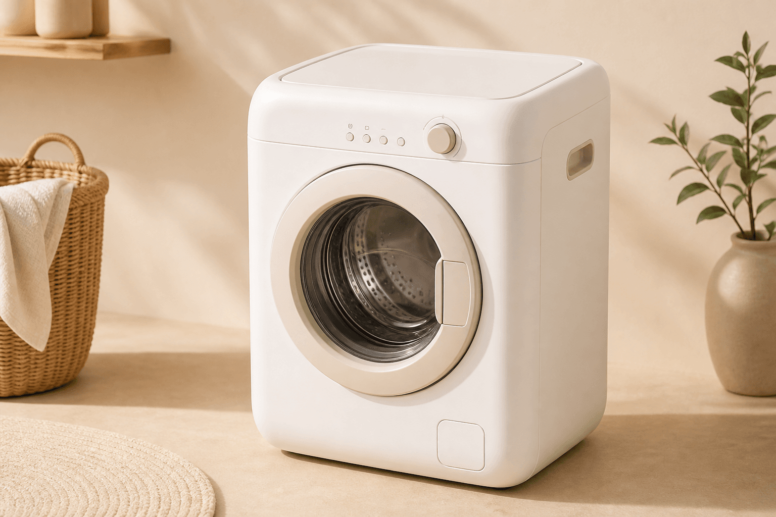Compact portable washing machine on a cream background