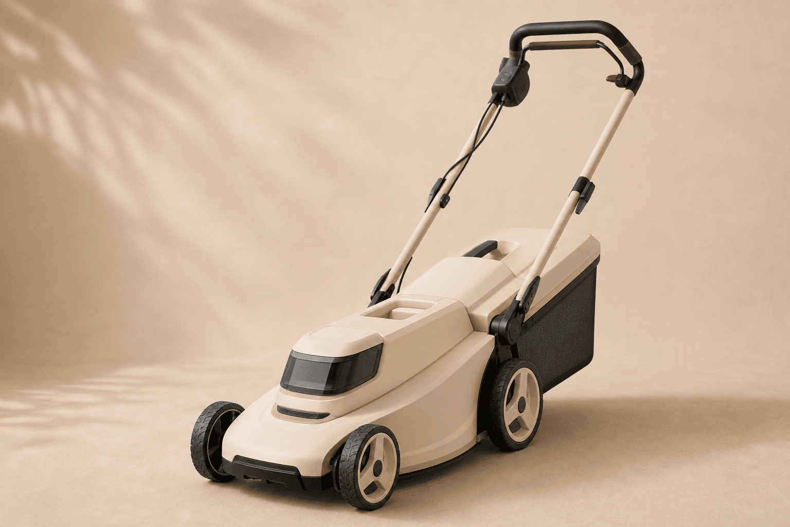Electric lawn mower on a cream background