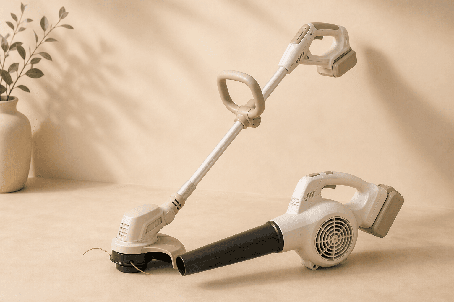 Electric trimmer and leaf blower on a cream background